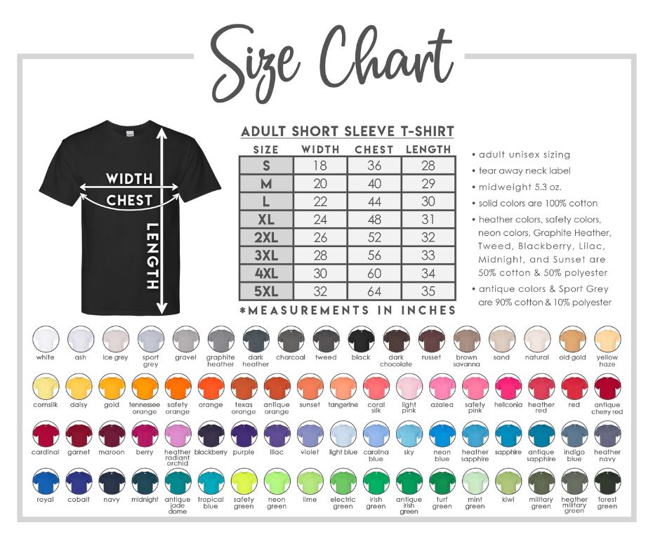 Gildan G5000 size and color chart
